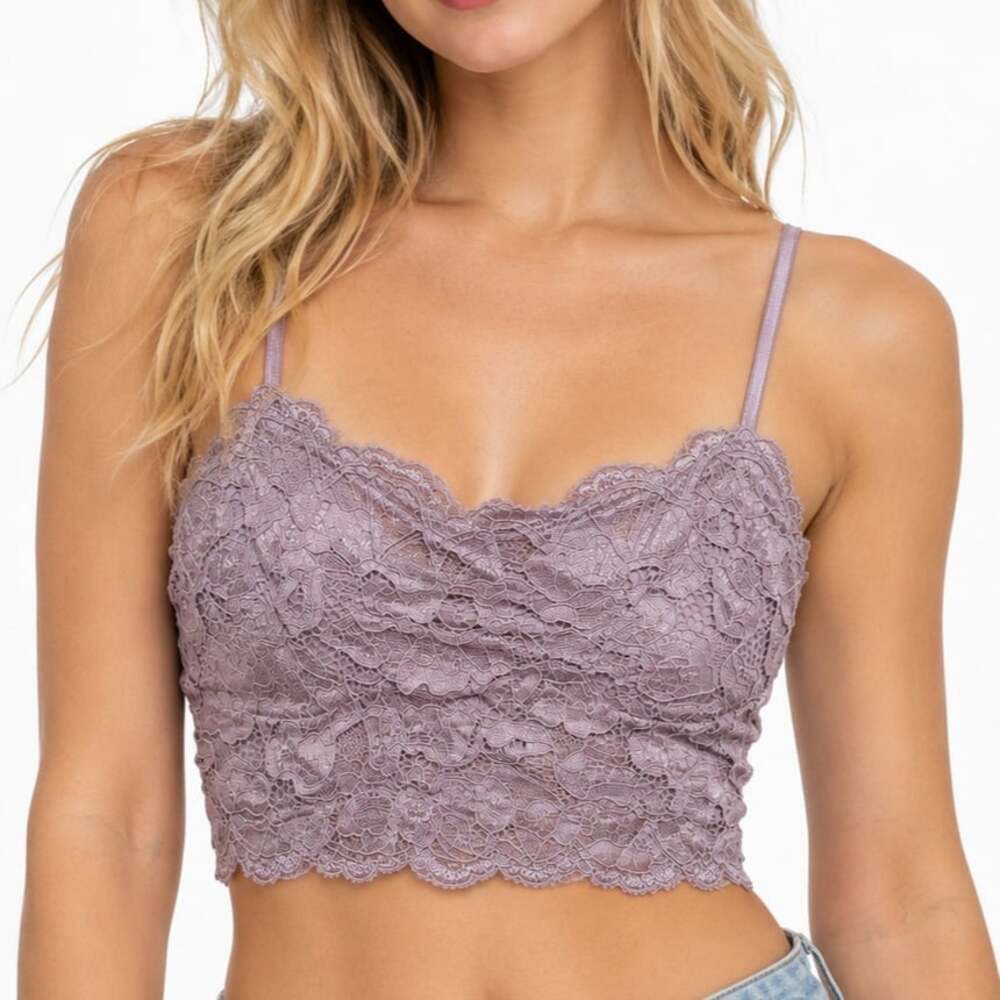 Dusty Purple Lace Bralette Crop Top Spaghetti Strap Scalloped Hem